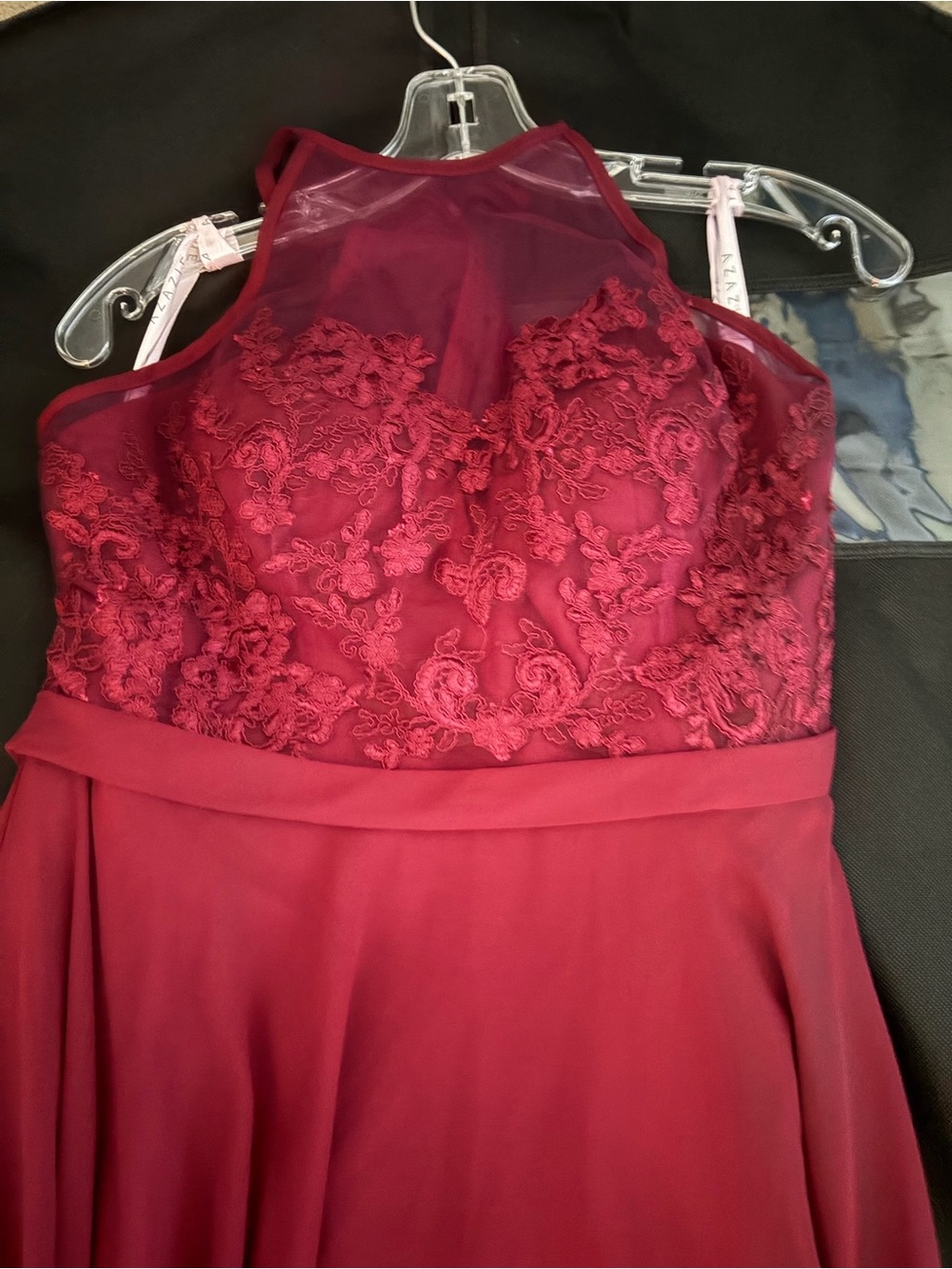 Azazie Kinsey Lace A-line High Neck Zip Up Chiffon Pewter Dress Size